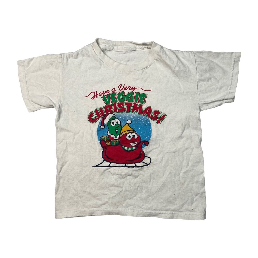 Vintage VeggiTales Christmas Holiday Graphic Tee T-Shirt White Youth S Small